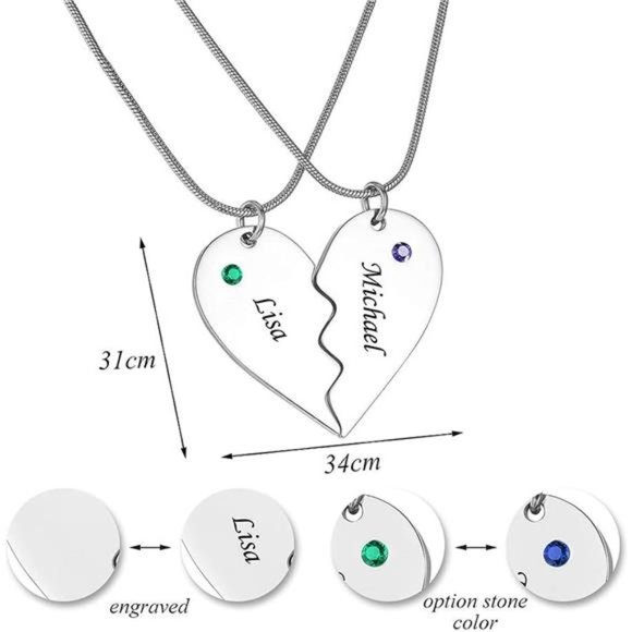 Stainless Steel Personalized Key Heart Puzzle Necklace Set with Birthstones - Picture 2 of 7